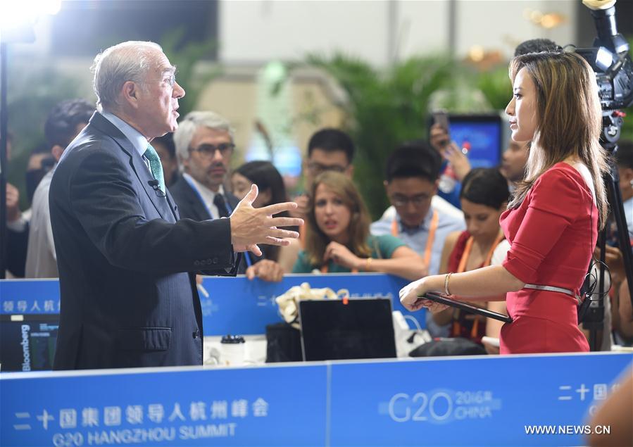 Organization for Economic Cooperation and Development Secretary-general Angel Gurria speaks to media at the Media Center for G20 Hangzhou Summit in Hangzhou, capital of east China's Zhejiang Province, Sept. 3, 2016. Organization for Economic Cooperation and Development Secretary-general Angel Gurria speaks to media at the Media Center for G20 Hangzhou Summit in Hangzhou, capital of east China's Zhejiang Province, Sept. 3, 2016.