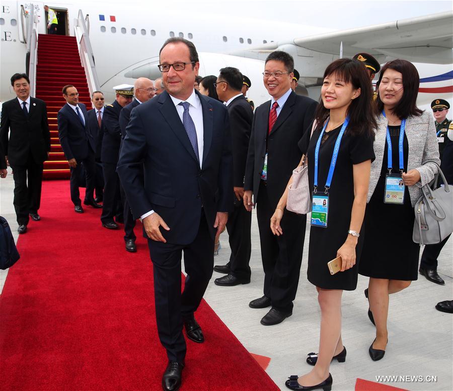 French President Francois Hollande arrives in China's eastern city of Hangzhou to attend the 11th Group of 20 (G20) summit, Sept. 4, 2016. French President Francois Hollande arrives in China's eastern city of Hangzhou to attend the 11th Group of 20 (G20) summit, Sept. 4, 2016.