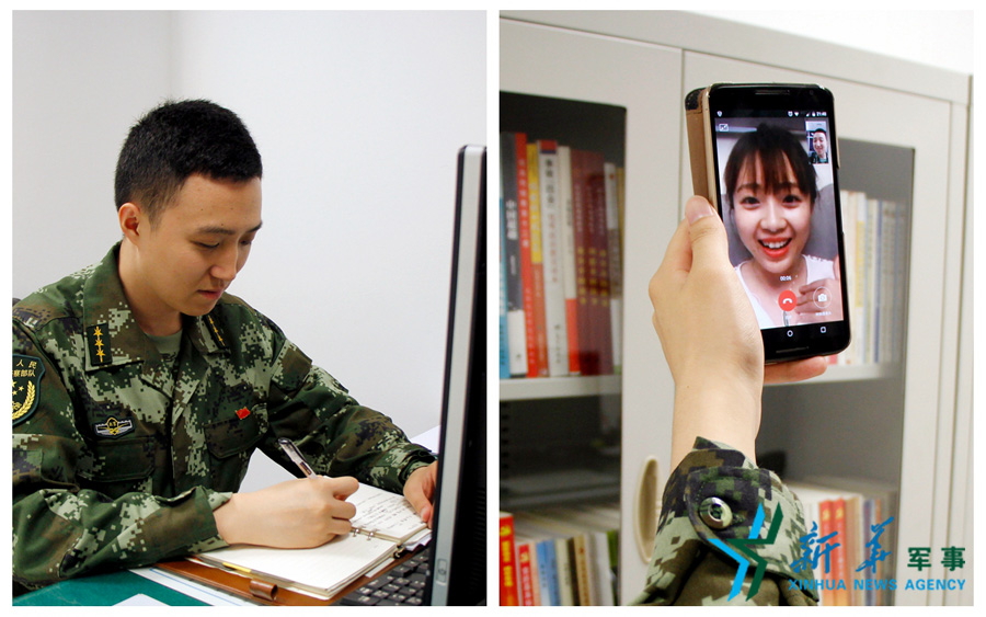 &uarr;陳德正，武警北京總隊七支隊某中隊指導員。七夕前夜堅守在值班崗位上的他，在結束值班后給妻子打了個視頻電話，通過網絡表達著對妻子的愛意。閆星辰 攝