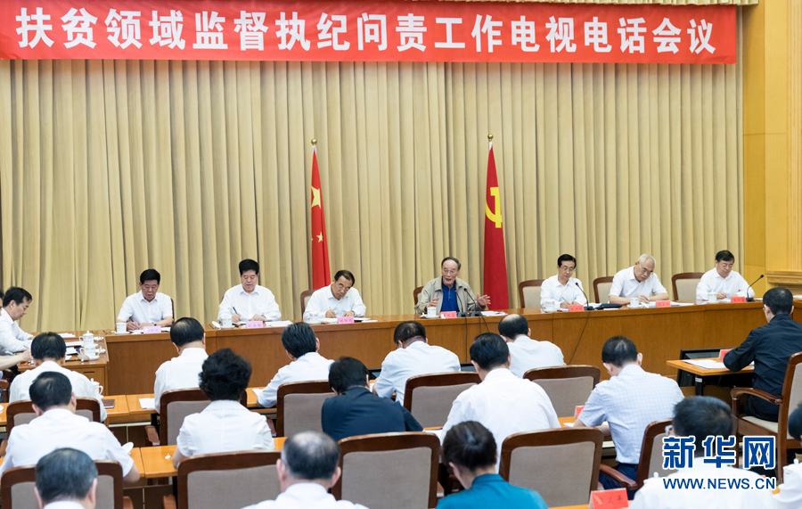 7月3日，中共中央政治局常委、中央紀委書記王岐山在北京出席扶貧領域監(jiān)督執(zhí)紀問責工作電視電話會并講話。 新華社記者丁海濤攝