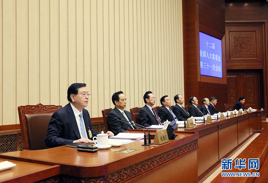 12月27日，全國人大常委會委員長張德江主持十二屆全國人大常委會第三十一次會議閉幕會。在會議完成各項表決事項后，張德江發表講話。新華社記者 劉衛兵 攝