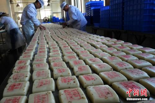 資料圖：師傅們在把制作好的桂花糖年糕擺放整齊。王思哲 攝