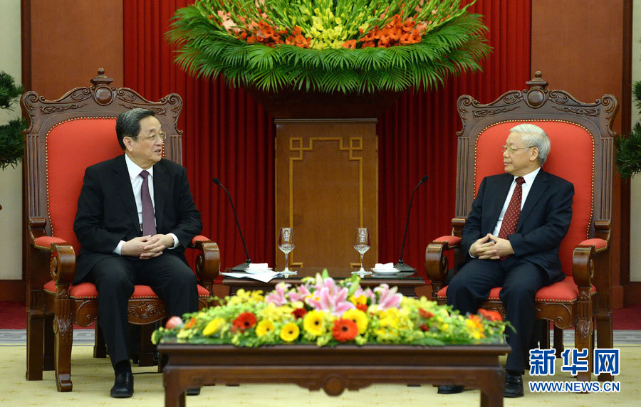 12月25日至27日，中共中央政治局常委、全國政協(xié)主席俞正聲對越南進(jìn)行正式訪問。這是12月26日，俞正聲在河內(nèi)會見越共中央總書記阮富仲。 新華社記者馬占成攝