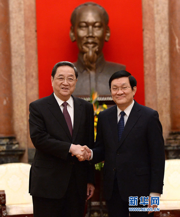 12月25日至27日，中共中央政治局常委、全國政協(xié)主席俞正聲對越南進(jìn)行正式訪問。這是12月26日，俞正聲在河內(nèi)會見越南國家主席張晉創(chuàng)。 新華社記者馬占成攝