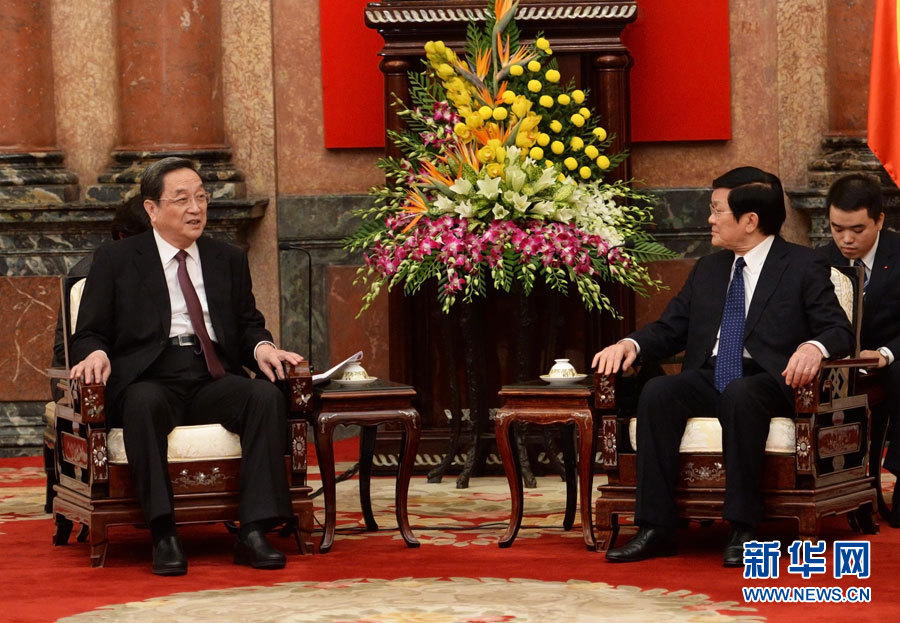 12月25日至27日，中共中央政治局常委、全國政協(xié)主席俞正聲對越南進(jìn)行正式訪問。這是12月26日，俞正聲在河內(nèi)會見越南國家主席張晉創(chuàng)。 新華社記者劉建生攝